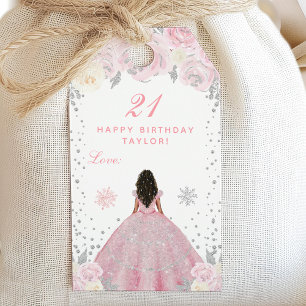 Pink Winter Dark Skin Princess Birthday Party Gift Tags