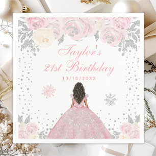 Pink Winter Dark Skin Princess Birthday Party Napkin