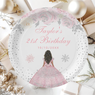 Pink Winter Dark Skin Princess Birthday Party Paper Plate