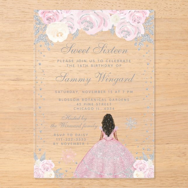 Pink Winter Dark Skin Princess Sweet Sixteen Acrylic Invitations (Front)