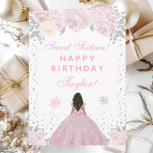 Pink Winter Dark Skin Princess Sweet Sixteen Card