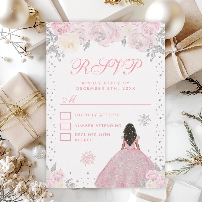 Pink Winter Dark Skin Princess Sweet Sixteen RSVP Card (Creator Uploaded)