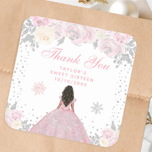 Pink Winter Dark Skin Princess Sweet Sixteen Square Sticker