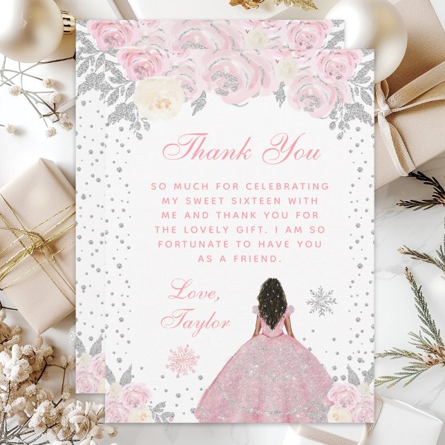 Pink Winter Dark Skin Princess Sweet Sixteen Thank You Card (Creator Uploaded)