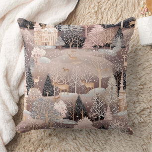 Pink Winter Deer Fantasy Castle Landscape (1) Cushion