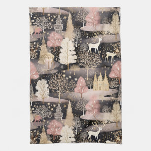 Pink Winter Deer Fantasy Castle Landscape (1) Tea Towel