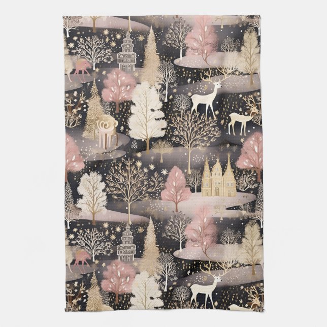 Pink Winter Deer Fantasy Castle Landscape (1) Tea Towel (Vertical)