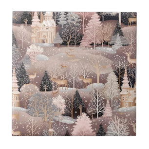 Pink Winter Deer Fantasy Castle Landscape (1) Tile