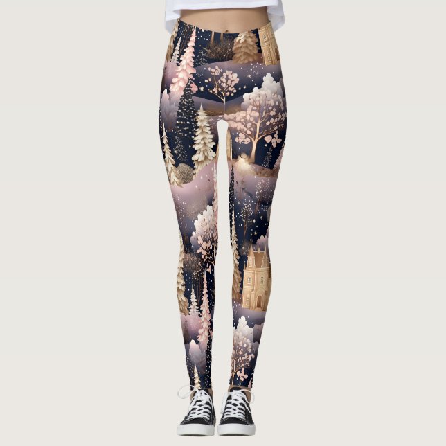 Pink Winter Deer Fantasy Castle Landscape (2) Leggings (Front)