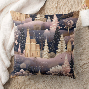 Pink Winter Deer Fantasy Castle Landscape (3) Cushion