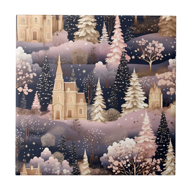 Pink Winter Deer Fantasy Castle Landscape (3) Tile (Front)