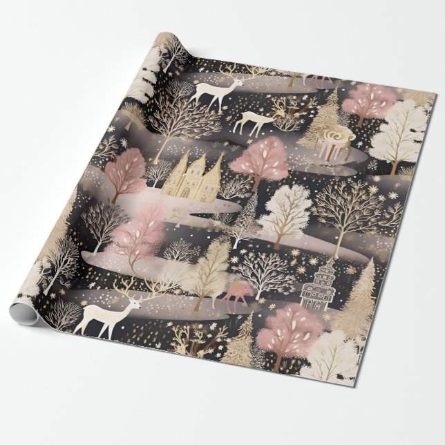 Pink Winter Deer Fantasy Castle Landscape (3) Wrapping Paper (Unrolled)
