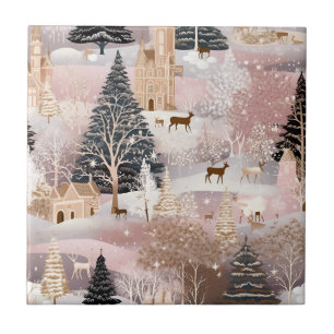Pink Winter Deer Fantasy Castle Landscape (4) Tile
