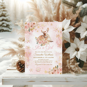 Pink Winter Deer Its a Girl Baby Shower Invitation