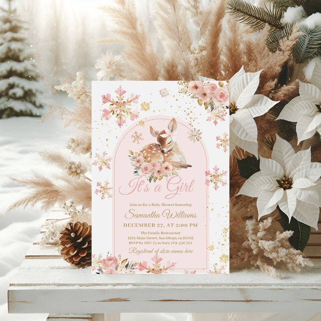 Pink Winter Deer Its a Girl Baby Shower Invitation (Creator Uploaded)
