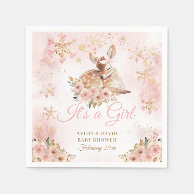 Pink Winter Deer Its a Girl Baby Shower Napkin (Front)