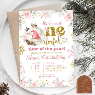Pink Winter Floral First Onederful Birthday Girl Invitation