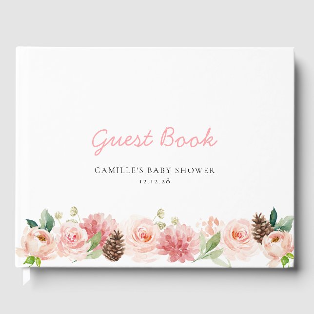 Pink Winter Floral Girl Baby Shower Guest Book (Front)