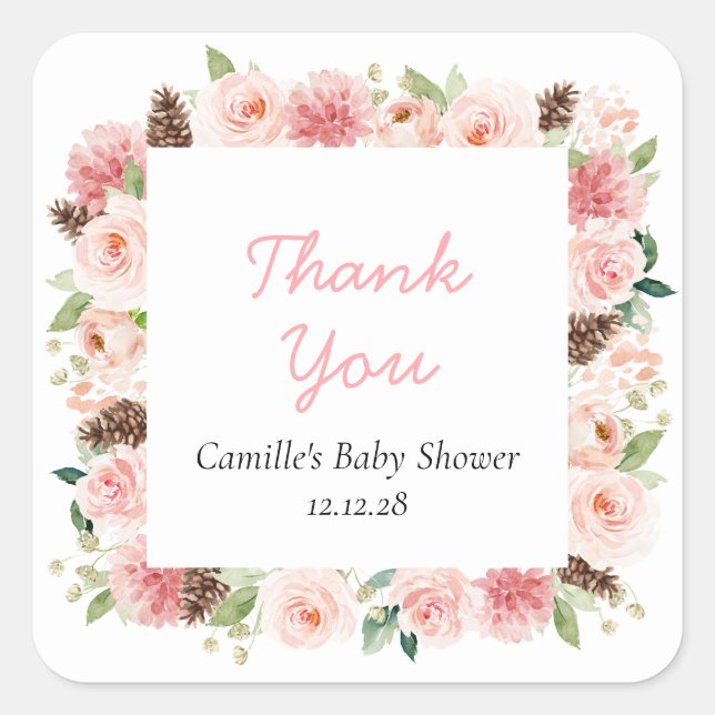 Pink Winter Floral Girl Baby Shower Thank you Square Sticker (Front)