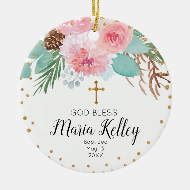 Pink Winter Floral Personalized Girl Baptism Ceramic Tree Decoration (Front)