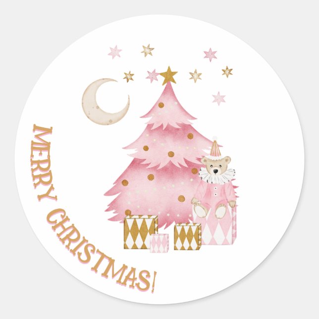 Pink winter holiday candy cotton bear classic round sticker (Front)