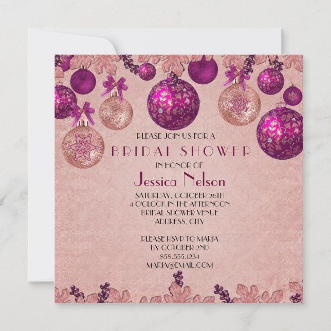 Pink Winter Holiday Ornaments Bridal Shower Invitation (Front)