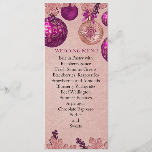 Pink Winter Holiday Ornaments Wedding Menu (Front)
