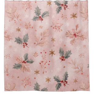 Pink Winter - Holly Leaves and Snowflakes (1) Shower Curtain