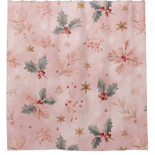 Pink Winter - Holly Leaves and Snowflakes Shower Curtain