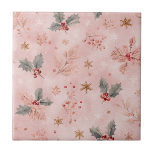 Pink Winter - Holly Leaves and Snowflakes Tile