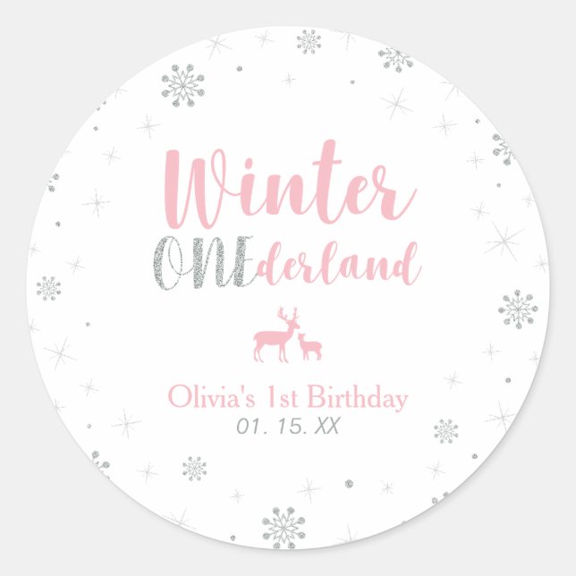 Pink Winter Onderland 1st Birthday Party Favour Classic Round Sticker (Front)