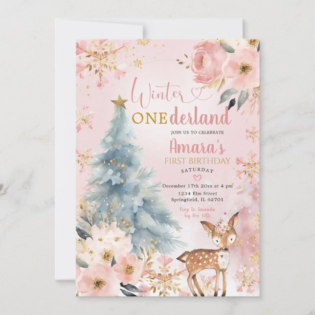 Pink Winter Onderland Floral Forest Deer Birthday Invitation (Front)