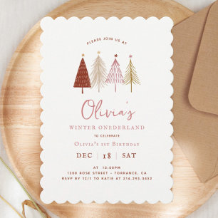 Pink Winter Onderland Girl 1st Birthday  Invitation