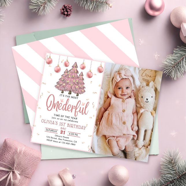 Pink Winter Onederful Christmas Trees Birthday Invitation (Creator Uploaded)