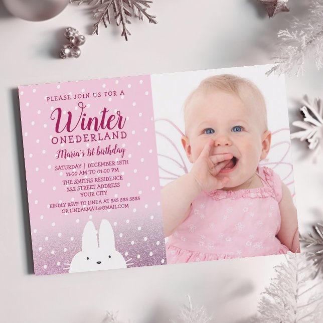 Pink Winter ONEderland 1st Birthday Photo Invitation (Creator Uploaded)