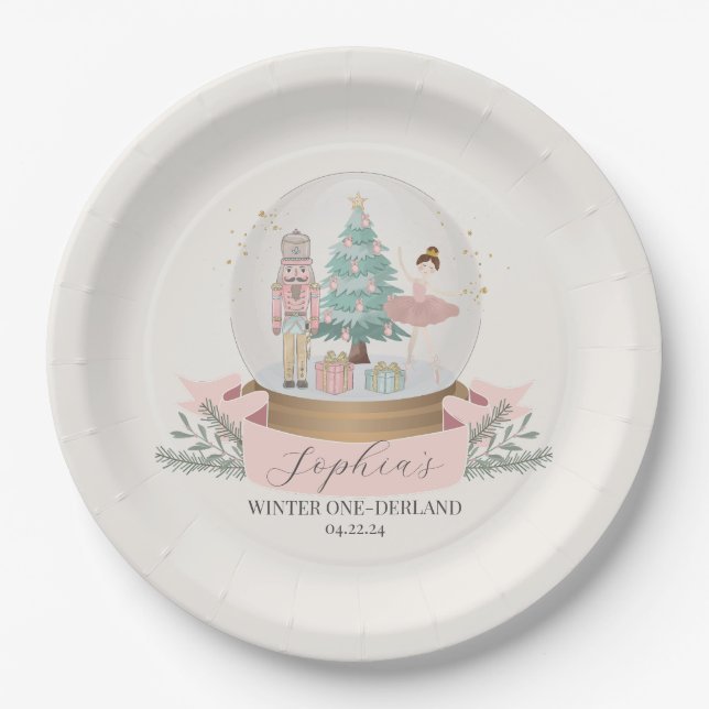 pink winter onederland birthday party plates (Front)