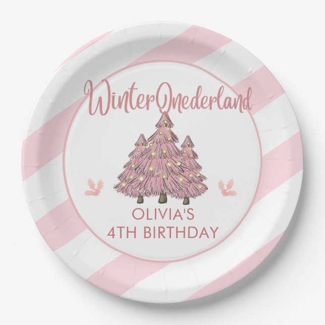 Pink Winter Onederland Christmas Birthday Party Paper Plate (Front)
