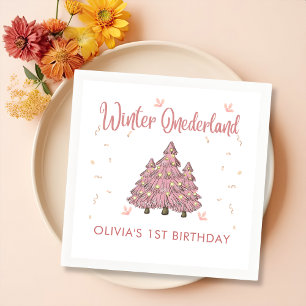 Pink Winter Onederland Christmas Tree Birthday Napkin