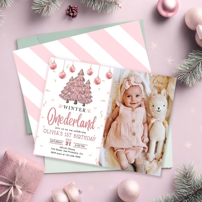 Pink Winter Onederland Christmas Trees Birthday Invitation (Creator Uploaded)
