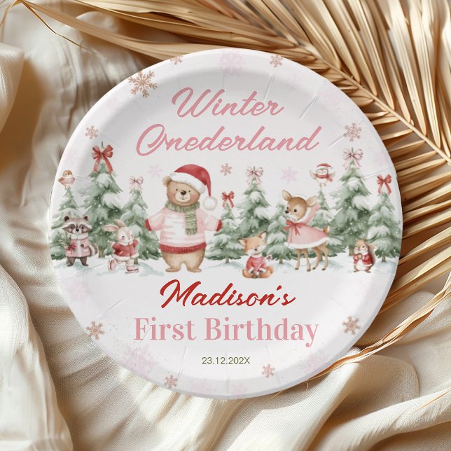 Pink Winter Onederland Forest Girl Birthday Paper Plate (Creator Uploaded)