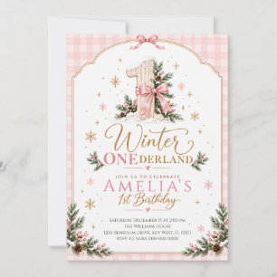 Pink Winter Onederland Gingham First Birthday Invitation