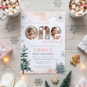 Pink Winter Onederland Girl Bday Photo Invitation