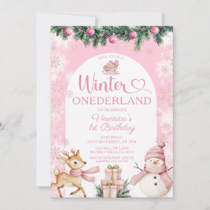 Pink Winter Onederland Girl Birthday Snowflakes Invitation