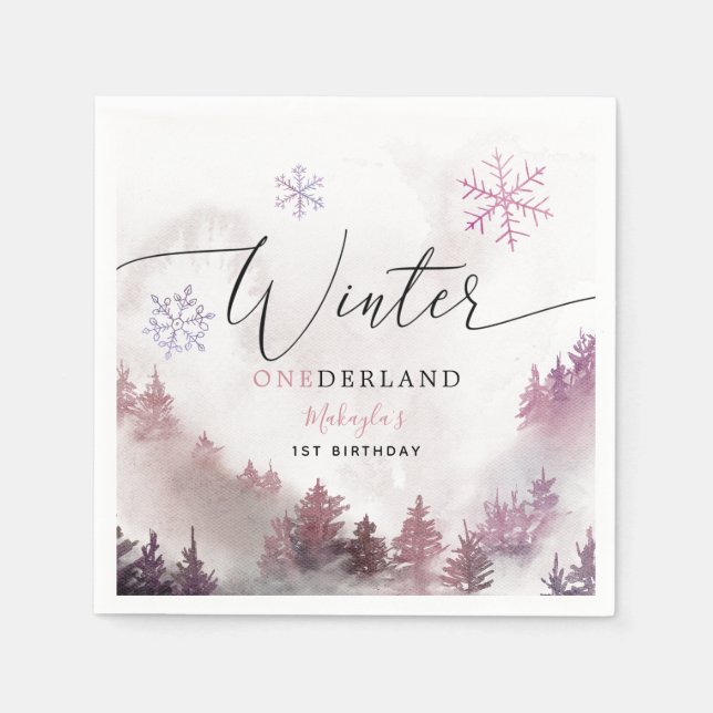 Pink Winter ONEderland Girl's Birthday Party Napkin (Front)