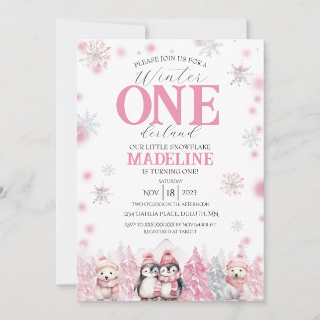 Pink Winter ONEderland Invitation (Front)
