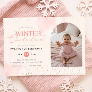 Pink Winter Onederland Kid Arch Photo 1st Birthday Invitation