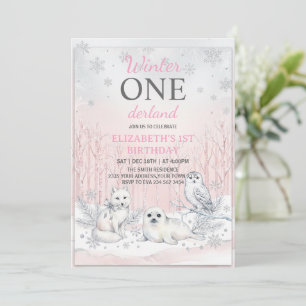 Pink Winter Onederland Silver Glitter 1st Birthday Invitation