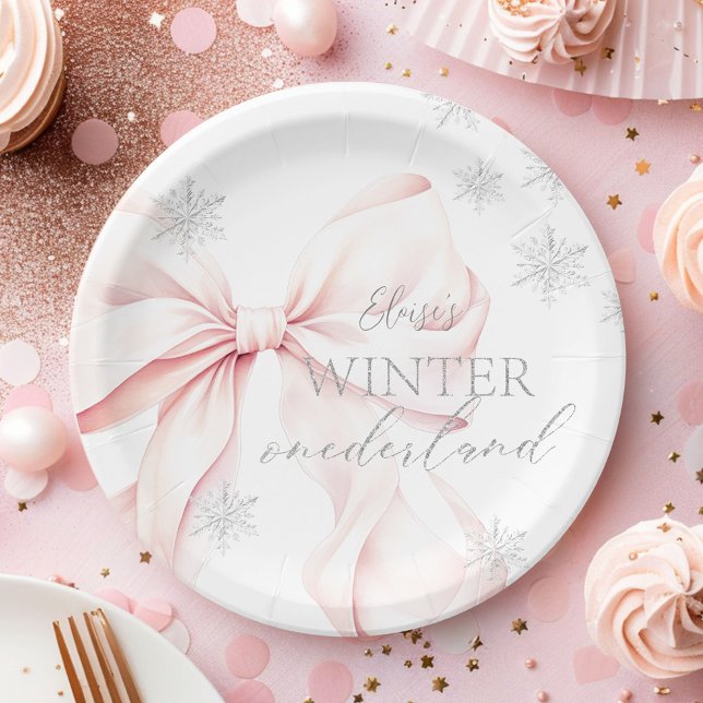 Pink Winter Onederland Silver Glitter 1st Birthday Paper Plate (Creator Uploaded)