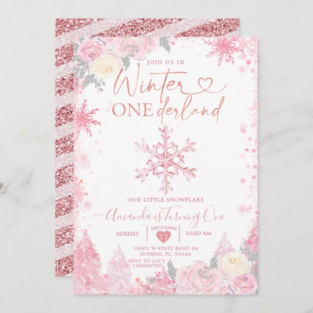 Pink Winter Onederland Snowflake 1st Birthday Invitation (Front/Back)