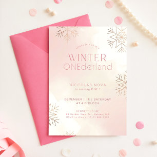 Pink Winter Onederland Snowflake 1st Birthday Invitation